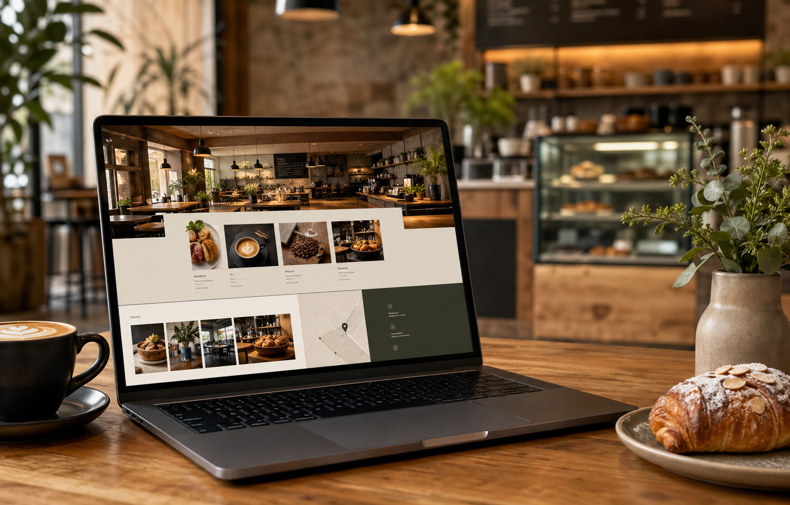 Cafe shop chaleureux avec comptoir et tables pour illustrer un site WordPress